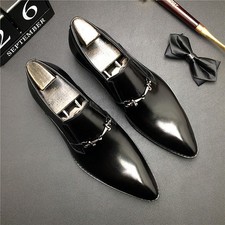Mens Pointy Toe Metal Business Slip On Real Leather Shoes Wedding Party British