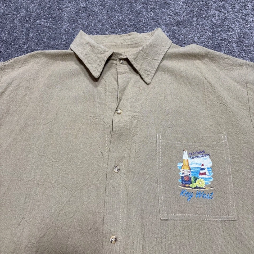 Vintage Key West Florida Button Camp Shirt Mens 2XL Tan Graphic Print Cotton USA - Image 2 of 4