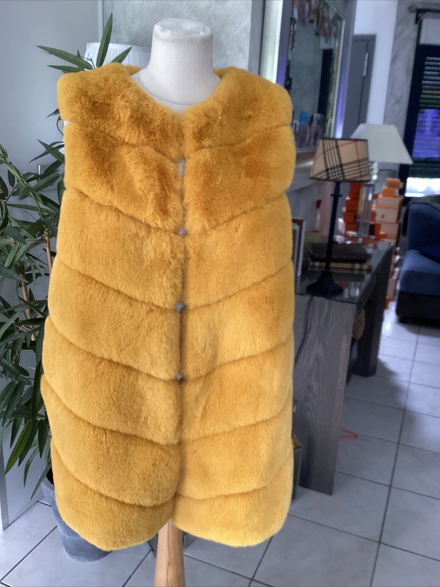 Gilet Sans Manches En Fausse Fourrure Jaune - Veste Femme Taille 38/40/42 - Comme Neuf