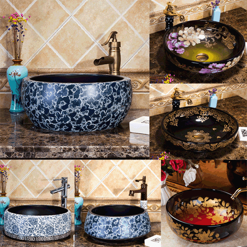 Bathroom Round Vessel Sink Tempered Ceramic Bowl Faucets Deck Mounted Mixer Taps - Picture 1 of 14