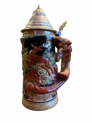 Vintage Fox Handled German Lidded Stein Die Grune Heid Jägers Freud 9'' E&R