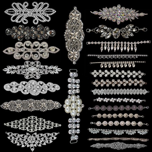 Diamante Motif Rhinestone Crystal Applique Bridal Dress Sew on Glue on DIY Patch - Afbeelding 1 van 84