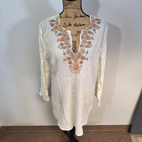 Merona Boho Cotton Embroidery Top Lightweight Long Sleeve Cream Women's Size M