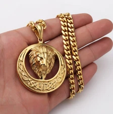 MENS Chain Stainless Steel Gold Lion Circle Pendant Curb Cuban Link Necklace