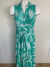 Talbots Petite Womens Size P Green White Floral Sleeveless Belted Midi Dress