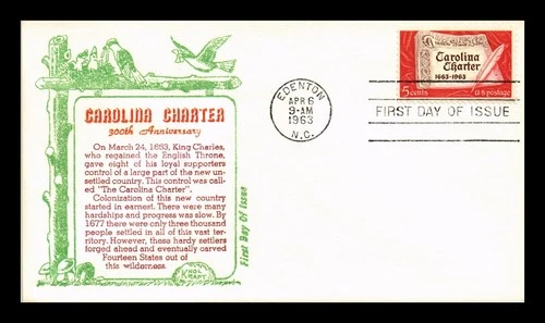 US COVER CAROLINA CHARTER 300TH ANNIVERSARY FDC SCOTT 1230 KHOL KRAFT CACHET