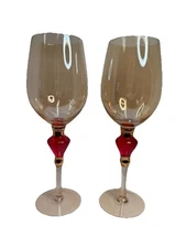 Set of 2 Pier 1 Amber Luster Red Jewel Glass Wine Glasses/Water Goblets EUC