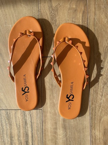 NEW With Bag Yosi Samra Women’s Thong Strap Studded Flip Flops ORANGE Size 6 - Picture 3 of 8