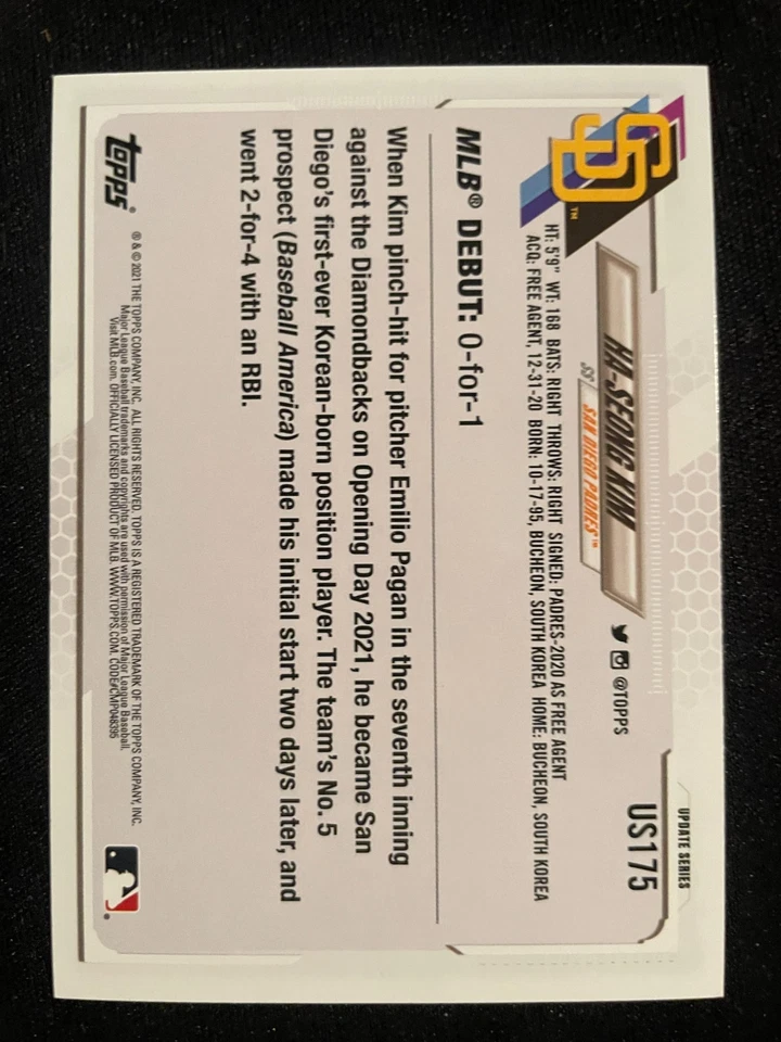 Ha-Seong KIM RC 2021 Topps Update Series #US175 San Diego Padres - Image 2 of 2