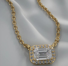 7Ct Emerald-Cut VS1 Lab Grown Diamond Halo Pendant  Necklace 14k Yellow Gold