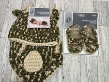 Hand Crocheted Baby Hat  Diaper Cover Set 0-9M  Booties Deer Theme -New W Tags