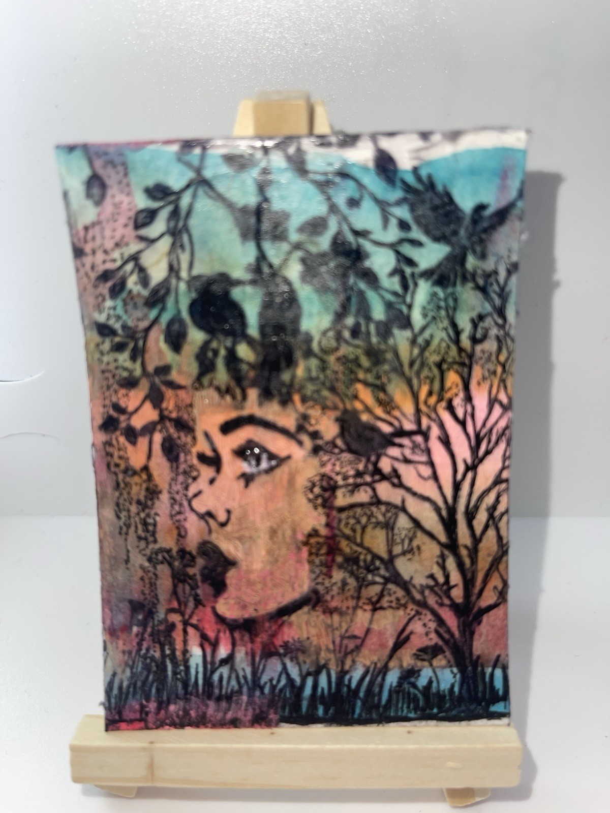 ACEO original art handmade mixed med Floral Crown Portrait #42 4/4 by Tehillah