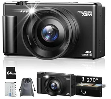 4K 72MP Autofocus Vlogging Camera Digital Camera 18X Zoom 270° Flip Screen 64GB