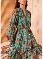 Ulla Johnson Anais Silk Chiffon Mini Dress Garden Bloom Teal Floral SZ 10 $690