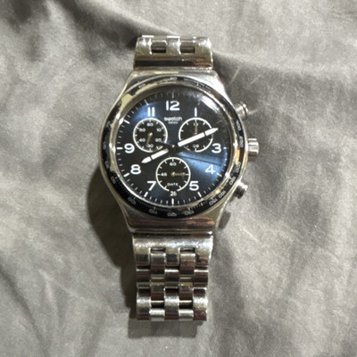 Swatch Irony Chronograph Quartz 37mm Blue Arabic Dial Date SS Bracelet