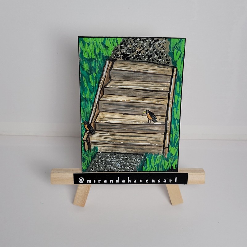 ACEO Original MirandaHavensArt, Robins on Steps, Water Color Painting Signed