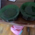 8 Anchor Hocking Sandwich Glass Custard/Butter Pats Green Vintage Plates 4.5”