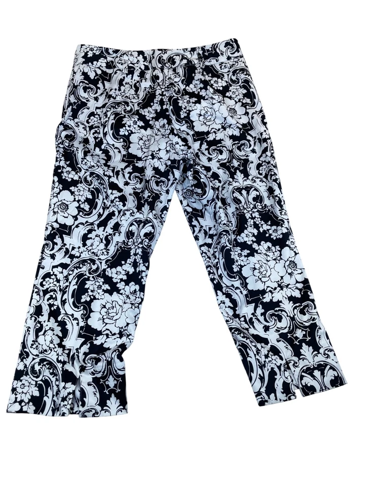 Pantalones Oscarde la Renta Mujer Blanco y Negro Floral Damasco Pierna Ancha Talla 14 Foto 2 de 4