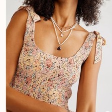 Free People Penelope Floral Sleeveless Smocked Tank Crop Top Neutral S RRP $88