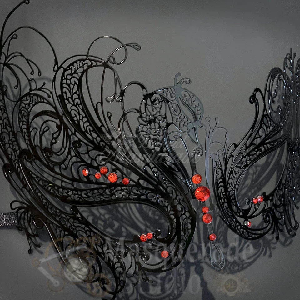 Womens Beautiful Swan Filigree Venetian Black Masquerade Mask [Red Rhinestones] - Image 4 of 4