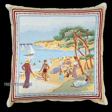 French Provencal Pillow Cover Jacquard Woven Riviera Beach Scenery Made France