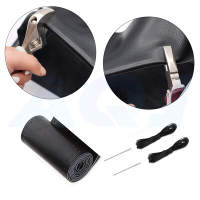 DIY Car Steering Wheel Cover Needle Thread Anti-slip Black 15''US Genuine Leather