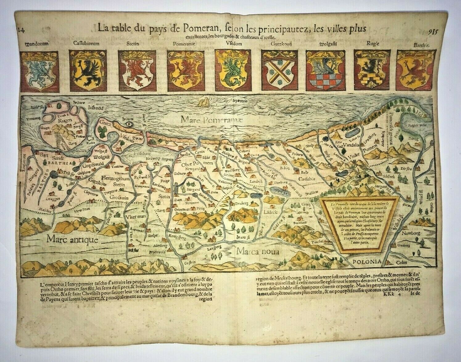 POLAND POMERANIA 1568 SEBASTIAN MUNSTER LARGE UNUSUAL ANTIQUE MAP 16TH CENTURY