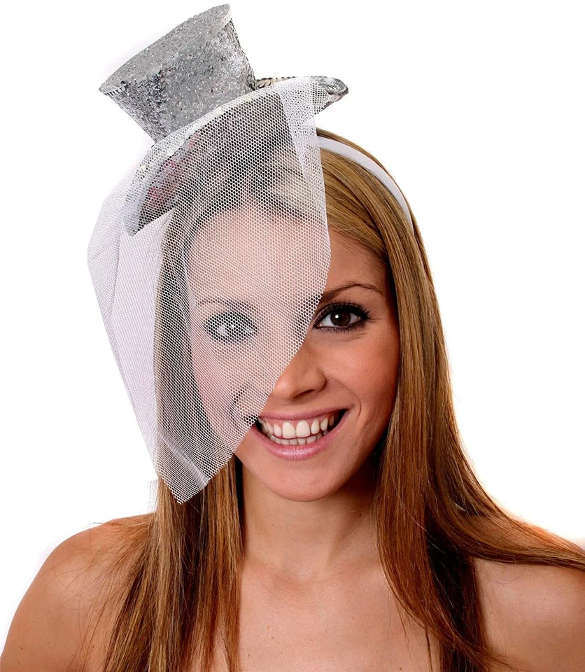 MINI GLITTER TOP HAT HEADBAND VEIL LADIES BURLESQUE HEN NIGHT PARTY FANCY DRESS - Image 4 of 4