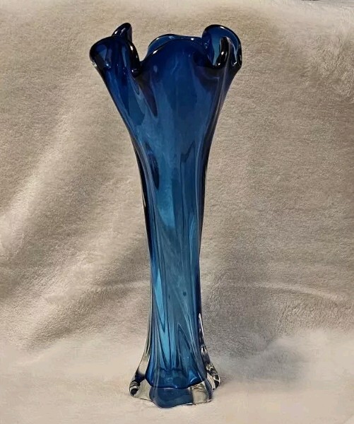 Vintage Murano Style Beautiful Twisted Swung Cobalt Blue 12in Vase