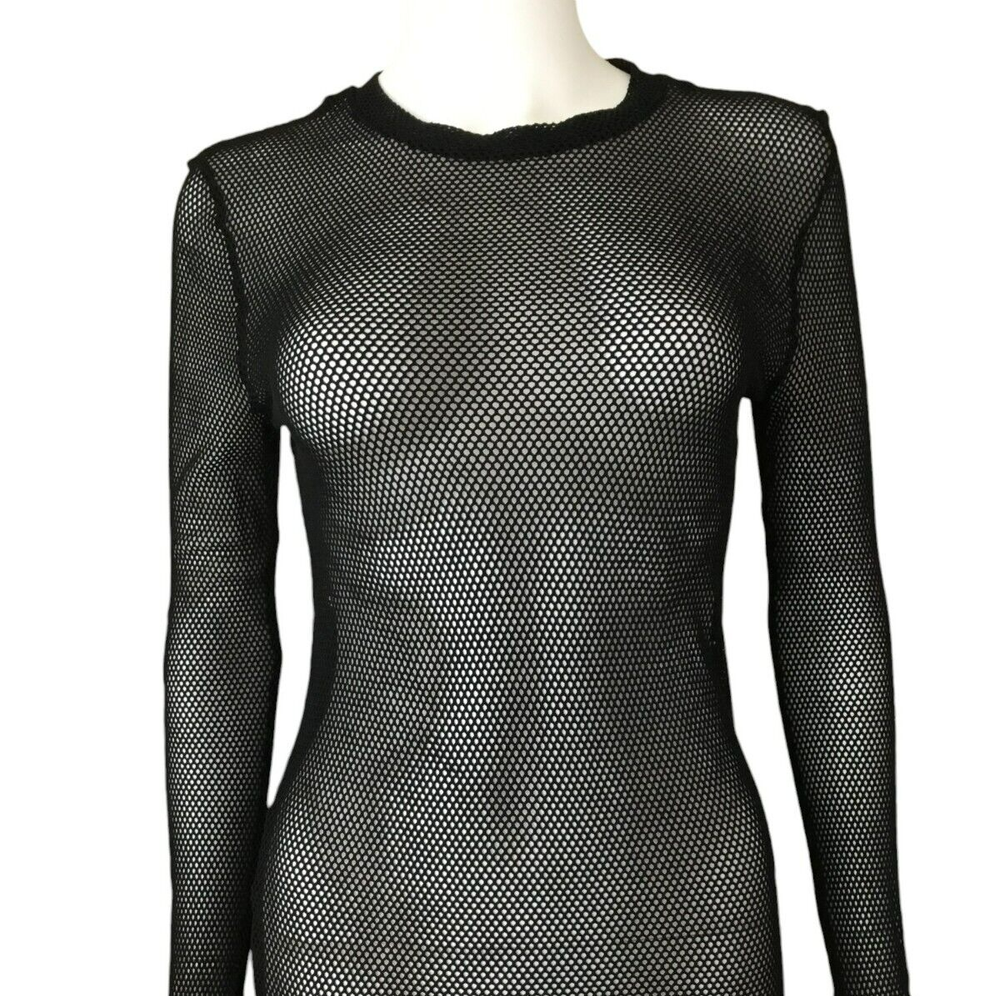 Lip Service Y2K Mesh Long Sleeve Sheer Top sz Large Black Goth Grunge Thumbhole