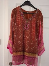 Indian Kurti Top,  Size XS,   Beaded neckline, Pink/Burnt Orange/Brown
