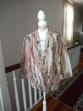 Chicos sz 1 Ruffle Collar 3/4 Sleeve Multicolor Open Linen/Nylon Blend Jacket