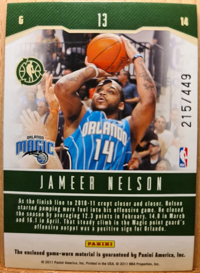 Jameer Nelson #13 2010-11 Numbered 215/249 Panini Season Update Patch Magic C142 - Image 2 of 2