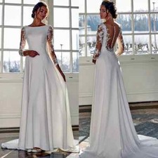 Elegant A Line Satin Wedding Dresses Sheer Back Lace Appliques Bridal Gowns