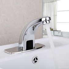 Silver Touchless Bathroom Basin Sink Sensor Mixer Faucet Single Hole Tap W/Plate