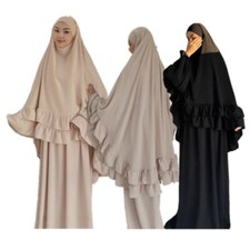 Women Muslim Solid Color Ramadan Robe Dress Set Arab Lotus Leaf Edge Big Turban