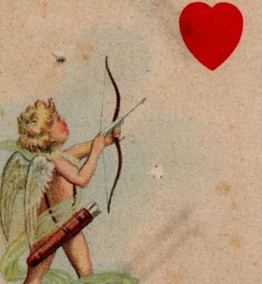 Valentine post card Cupid Wings Bow arrow case Heart Vintage