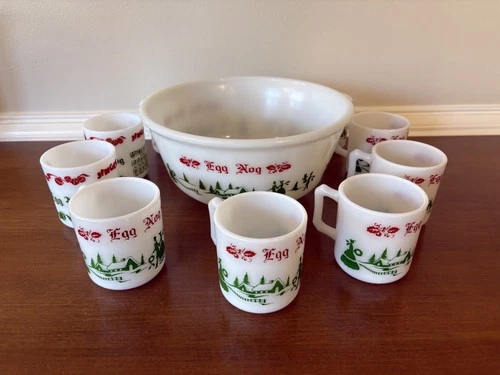 Vintage Hazel Atlas milk glass Egg Nog Punch Bowl set with 9 glasses, Exc. Cond.