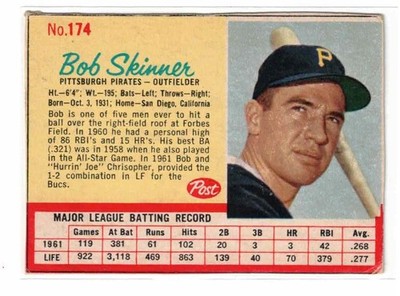 1962 Post #174, Bob Skinner, Pittsburgh Pirates, Cut Well, No Creases