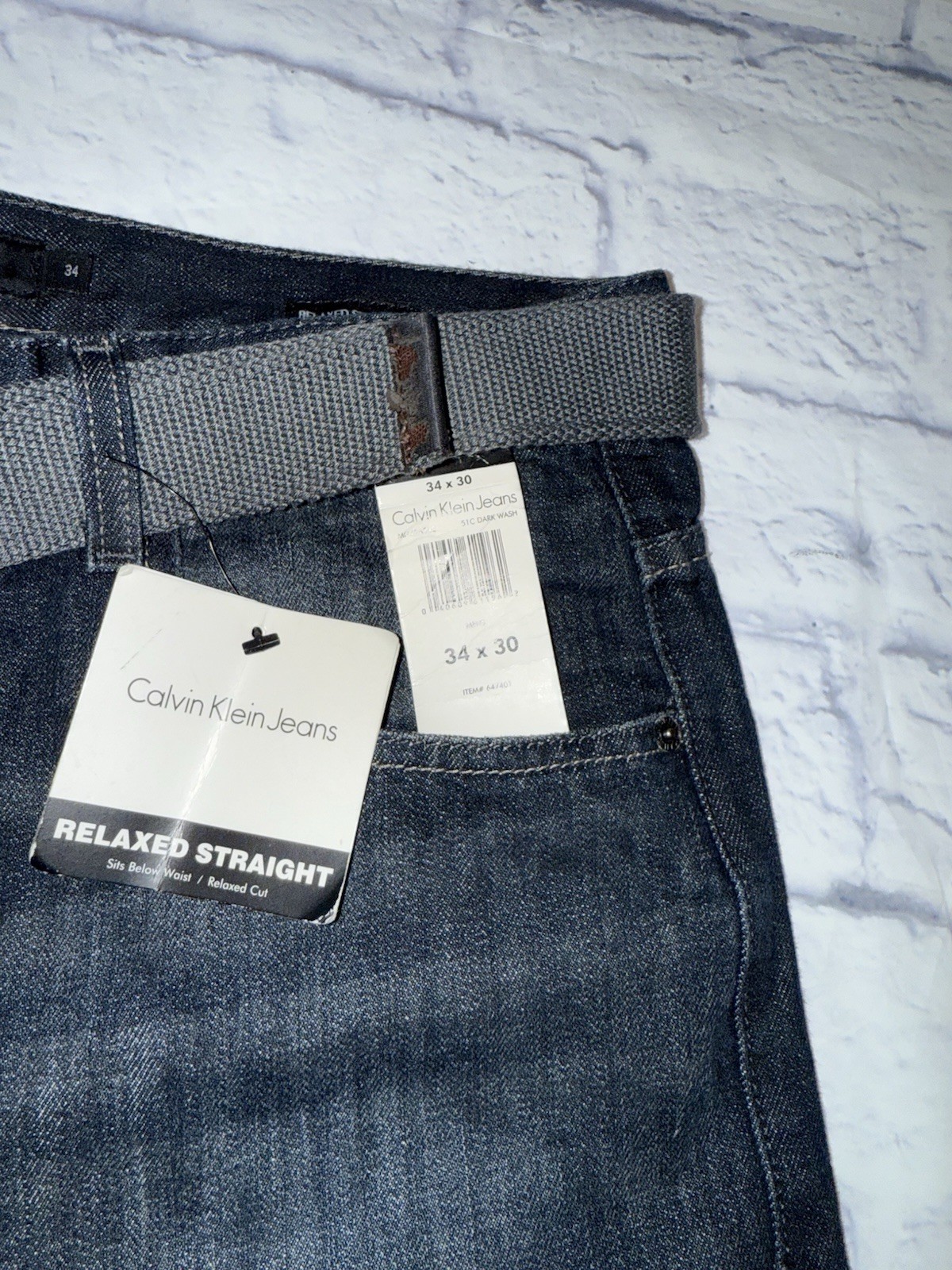 Calvin Klein 34x30 Dark Wash Relaxed Straight Denim Jeans With Belt, NWT