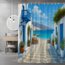 Greek Island Coastal Shower Curtain for Beach Decor