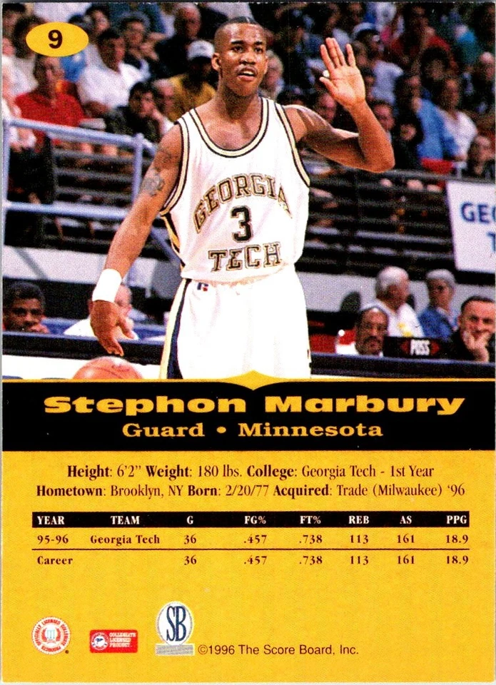 1996-97 Score Board All Sport PPF #9 Stephon Marbury - Image 2 of 2