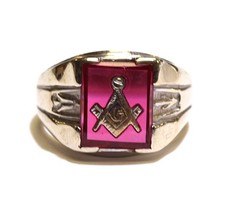 10k white gold freemason G Mason Red Stone fraternity mens ring masonic 7.3g 8.5