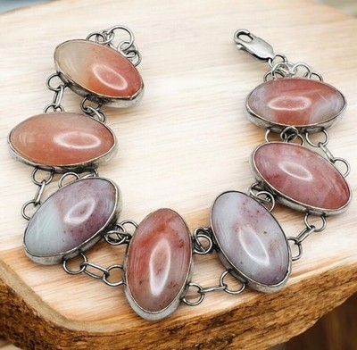 Vintage Sterling Silver Pink Agate Big Stone Bracelet 8 