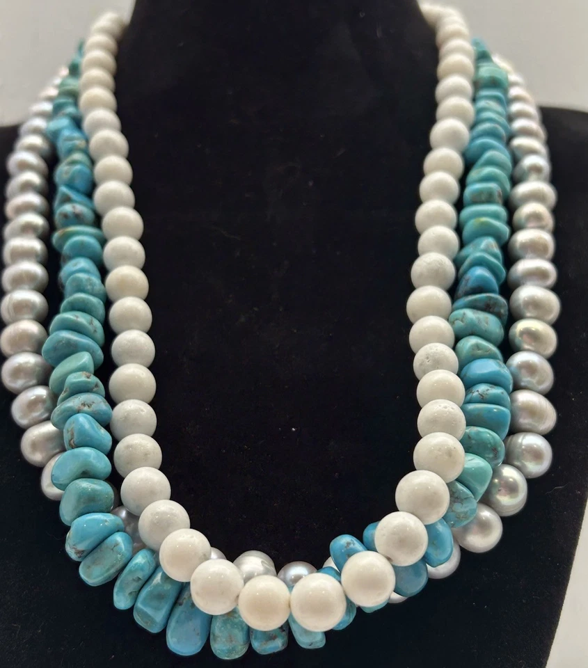 QVC Multi Gemstone Sterling Silver 3 Strand Necklace Cultured Pearls Turquoise - Image 2 of 4