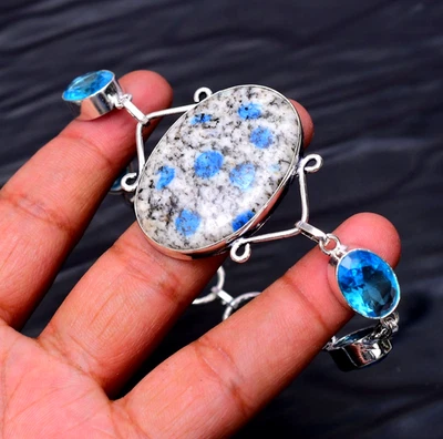 K2 Azurit und Blautopas Edelstein:925 Sterling Silber Handarbeit Armband Schmuck - Bild 1 von 4