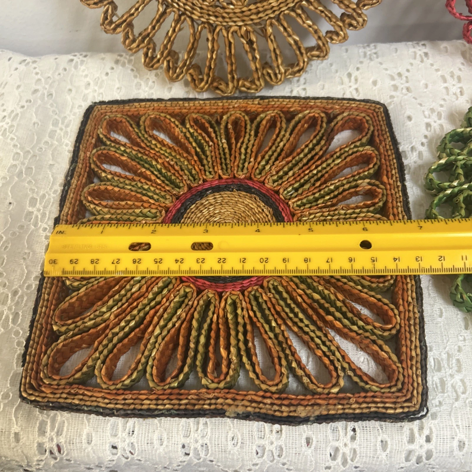 Vintage Hand Woven Straw Colorful Hot Pads Trivets Set Of 4 MCM 1970s Boho Retro image 12