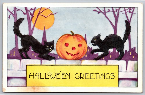 Post Card - Vintage Halloween - Black Cats and Jack O Lantern under ...