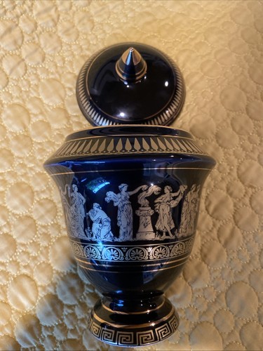 Vintage Ceramic Greek URN Vase w/Lid Greek Scene... Black & Gold 24 K Gold - Picture 21 of 24