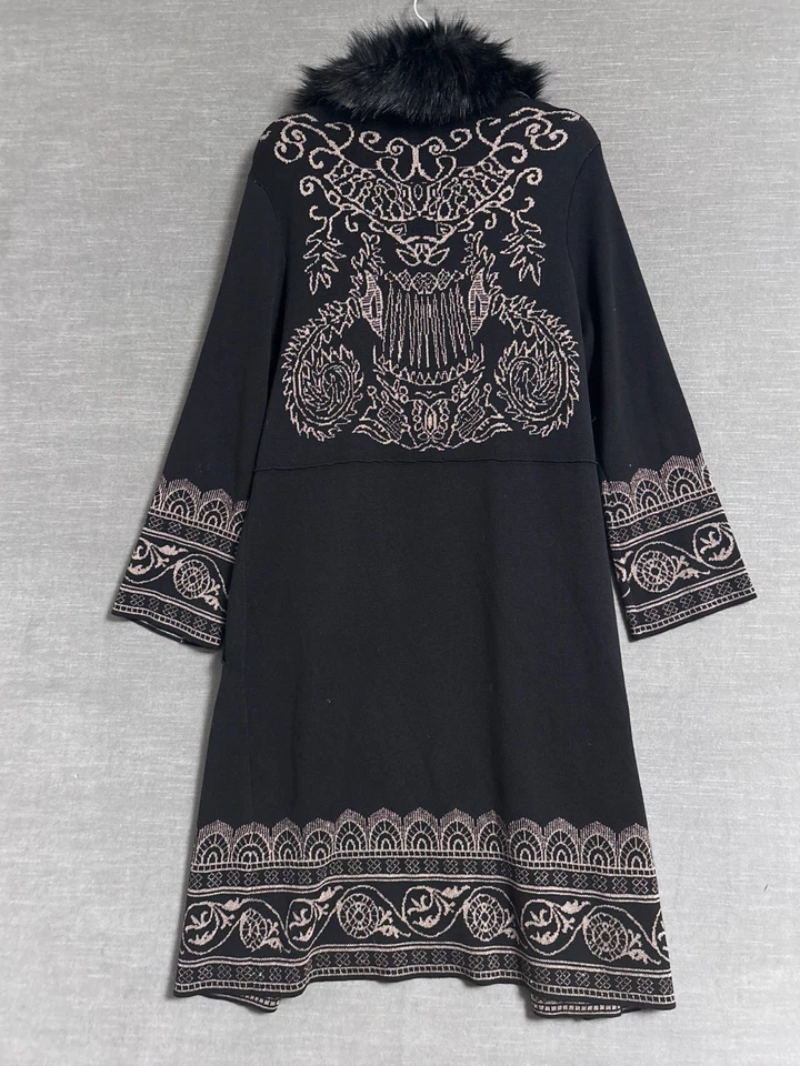 Chicos Cárdigan Suéter 2 L EE. UU. 12 Negro Dorado Metálico Plumero Largo Extraíble Piel Foto 2 de 4